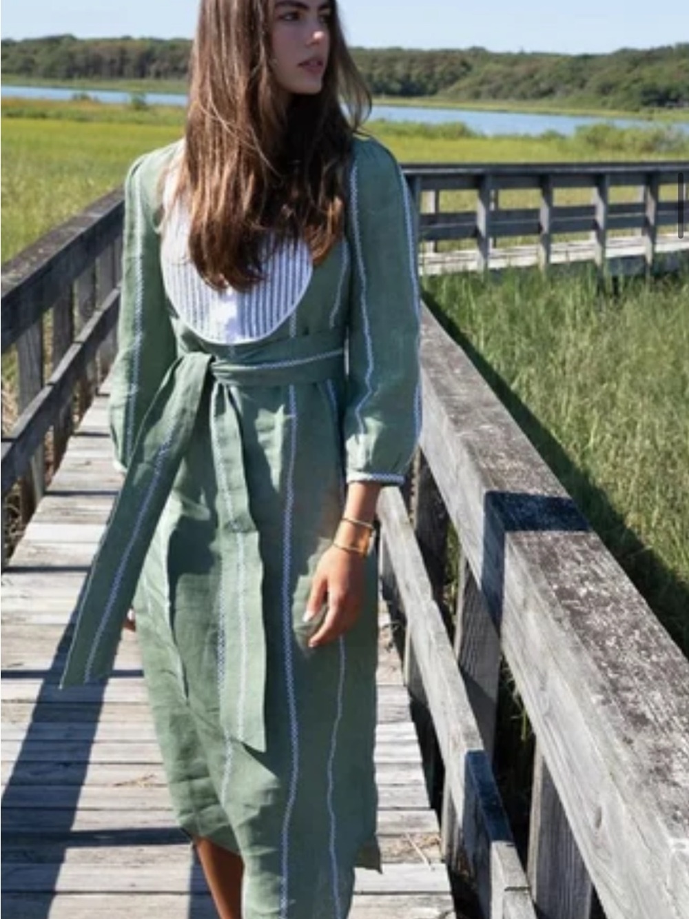 Asha olive Green Belted Linen Dress - Relaxed Women’s Midi xs